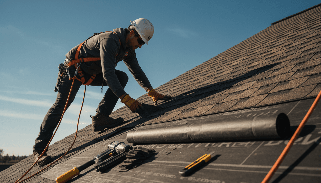 Professional roofer installing shingles on a residential roof in Charlotte