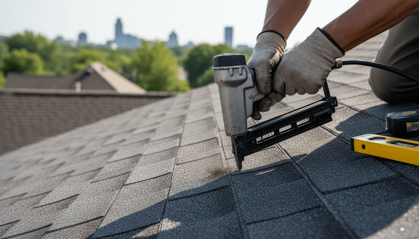Roofing contractor installing asphalt shingles on residential roof with pneumatic nail gun
