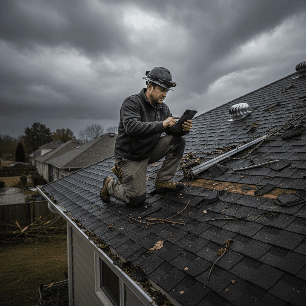 Storm damage assessment and documentation on residential roof