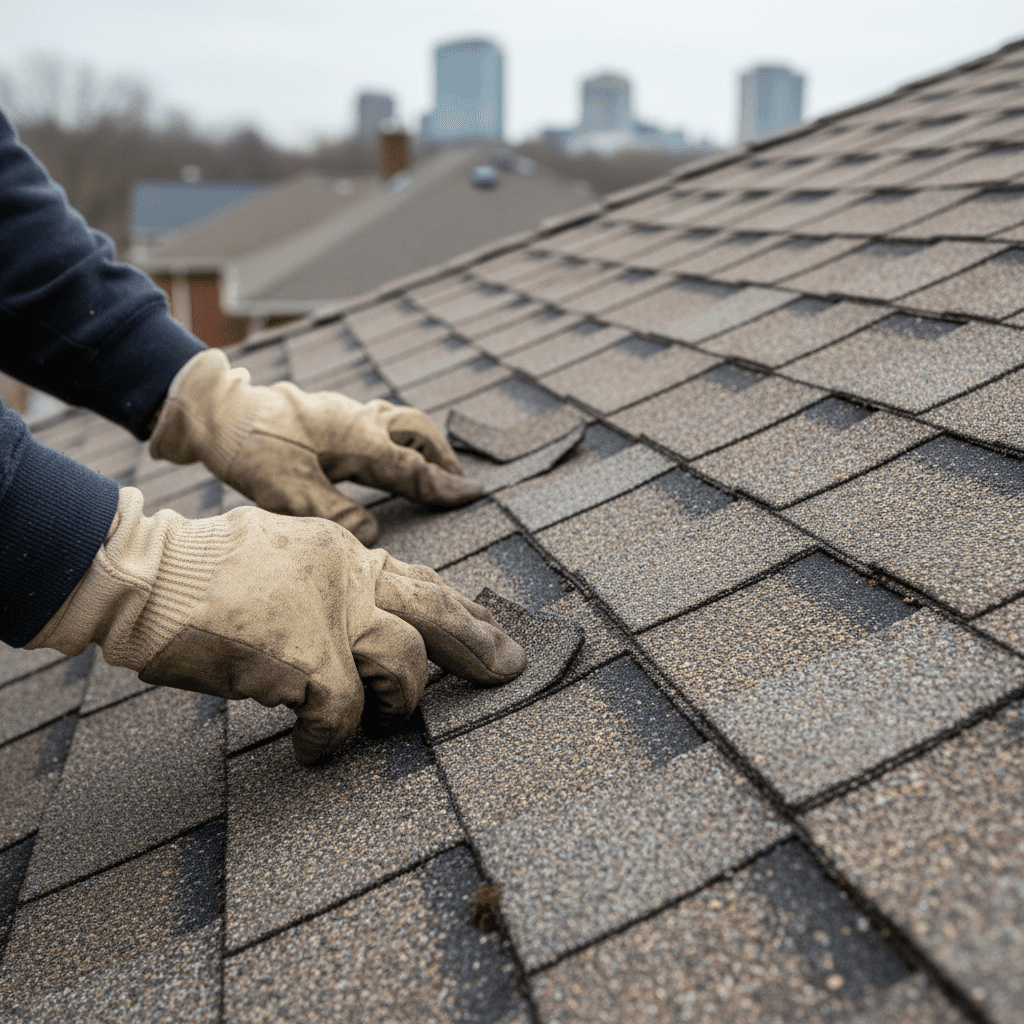 Roofer inspecting damaged roof shingles for repair needs