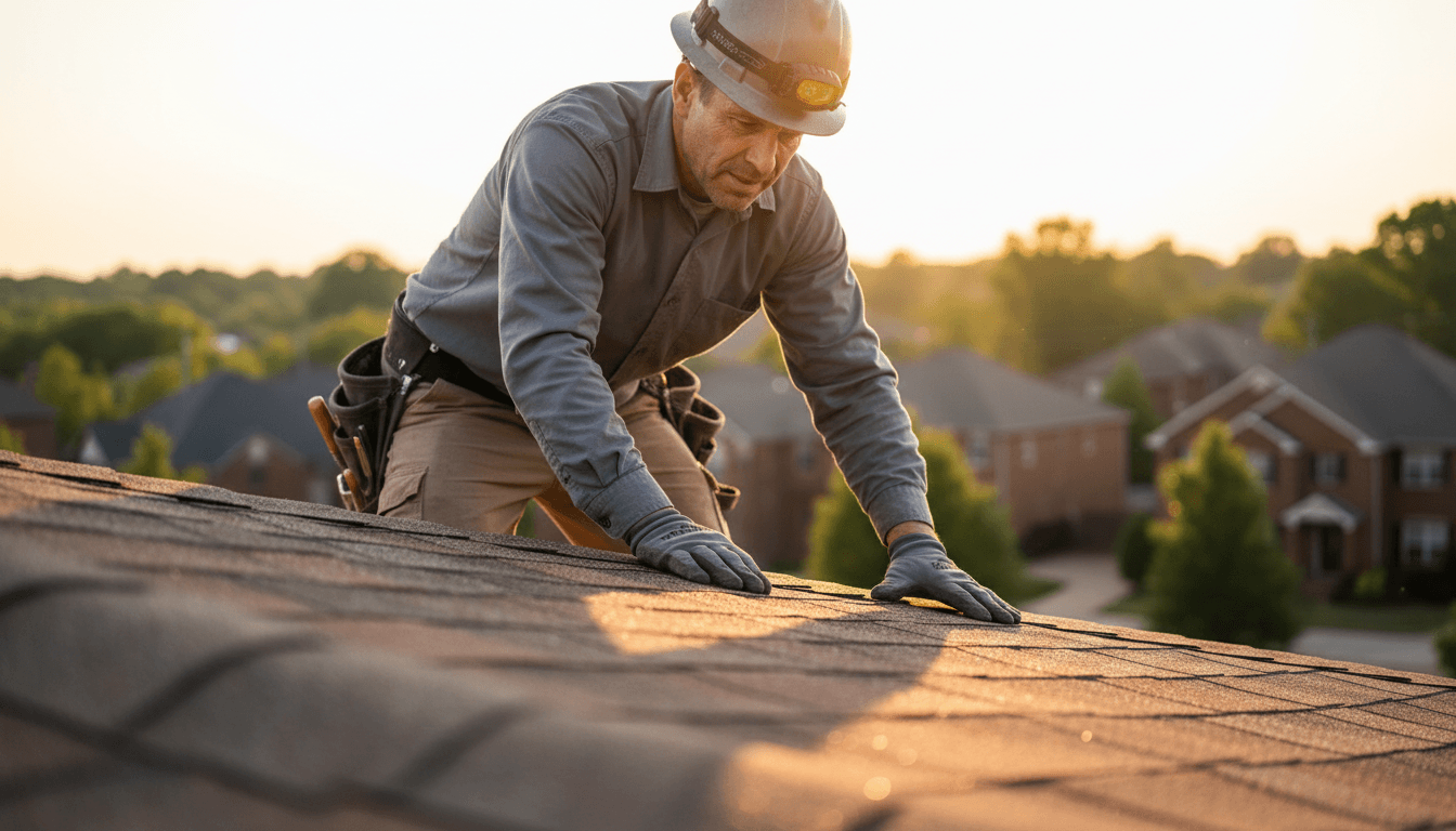 Professional roofer inspecting residential roof shingles with care and attention to detail