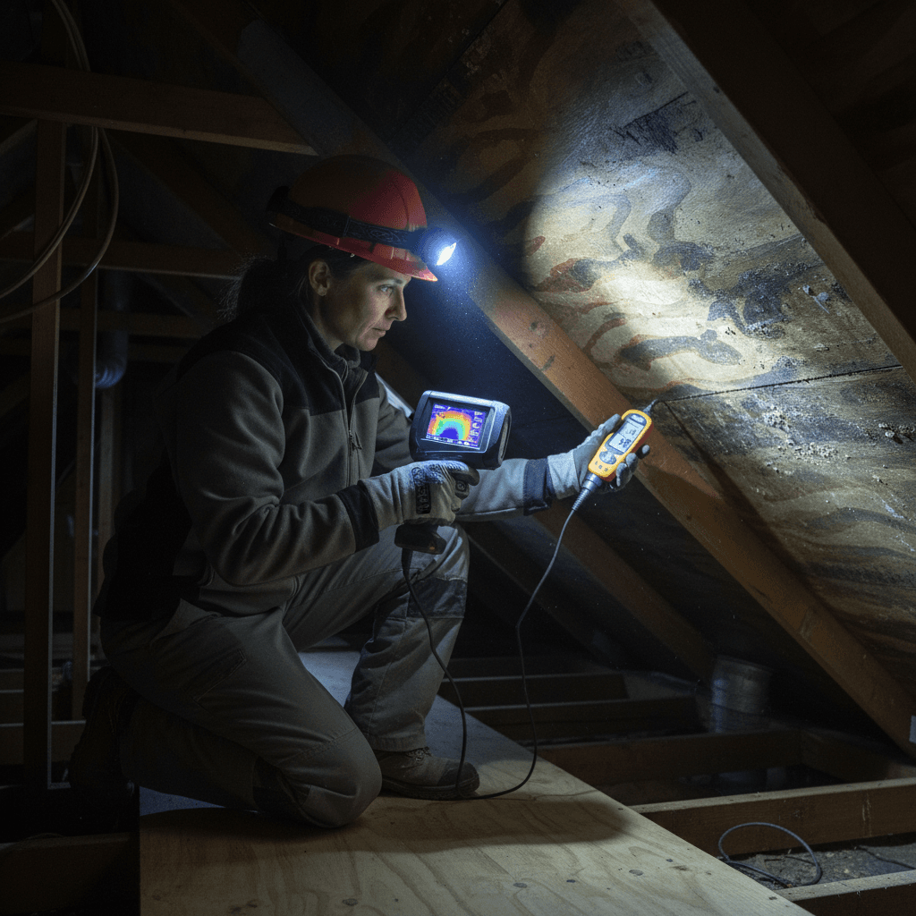 Professional leak detection using inspection equipment on residential roof