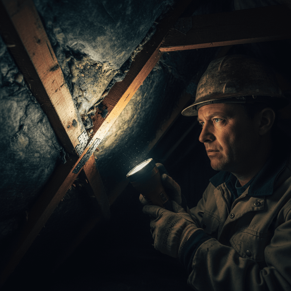 Roofer performing leak detection in attic space