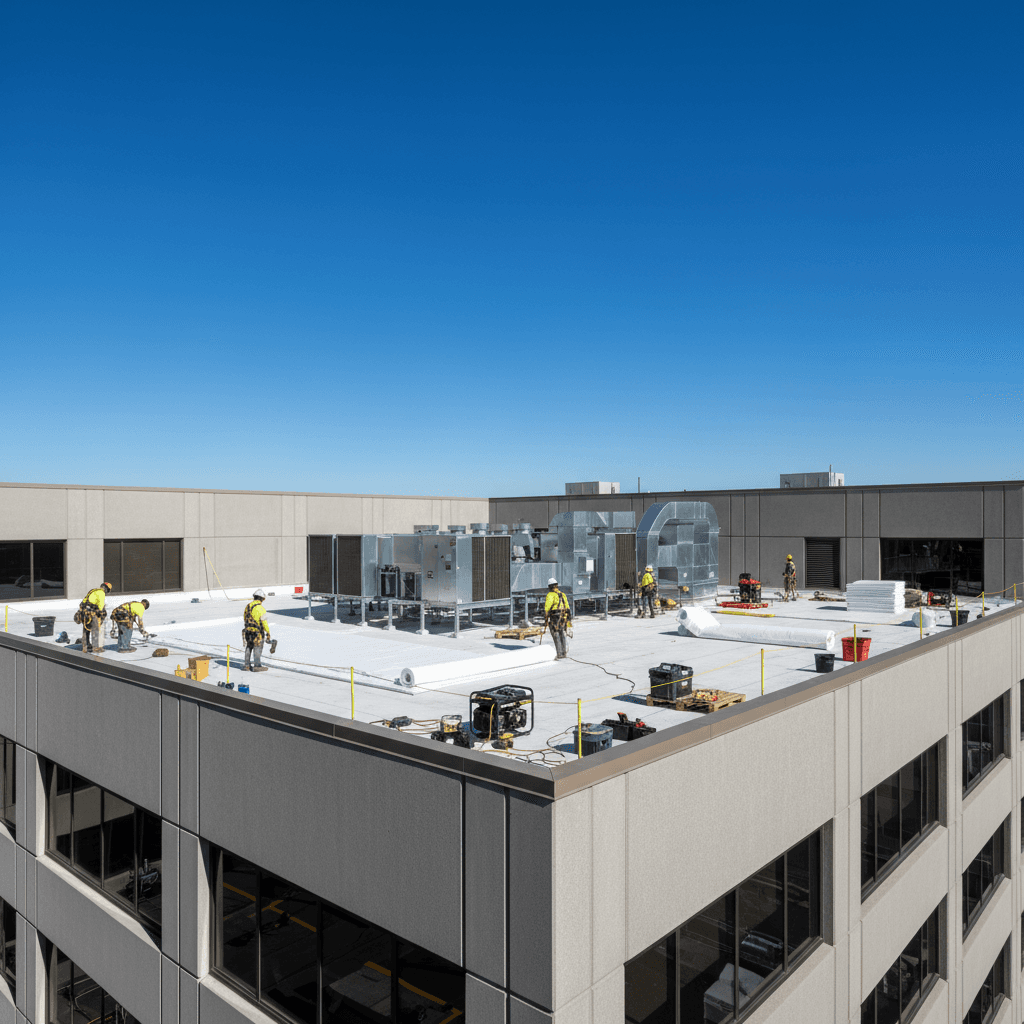 Commercial roofing installation on multi-story building