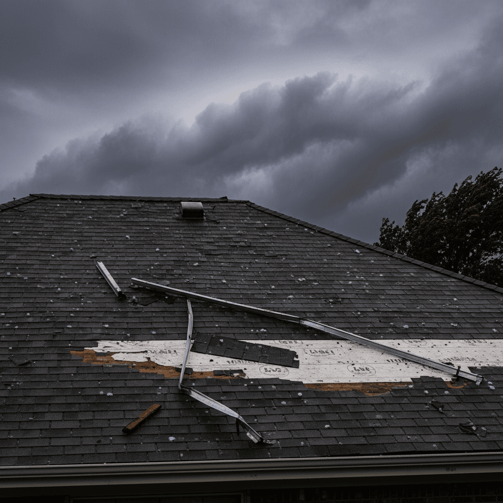 Storm-damaged roof showing missing shingles and impact marks