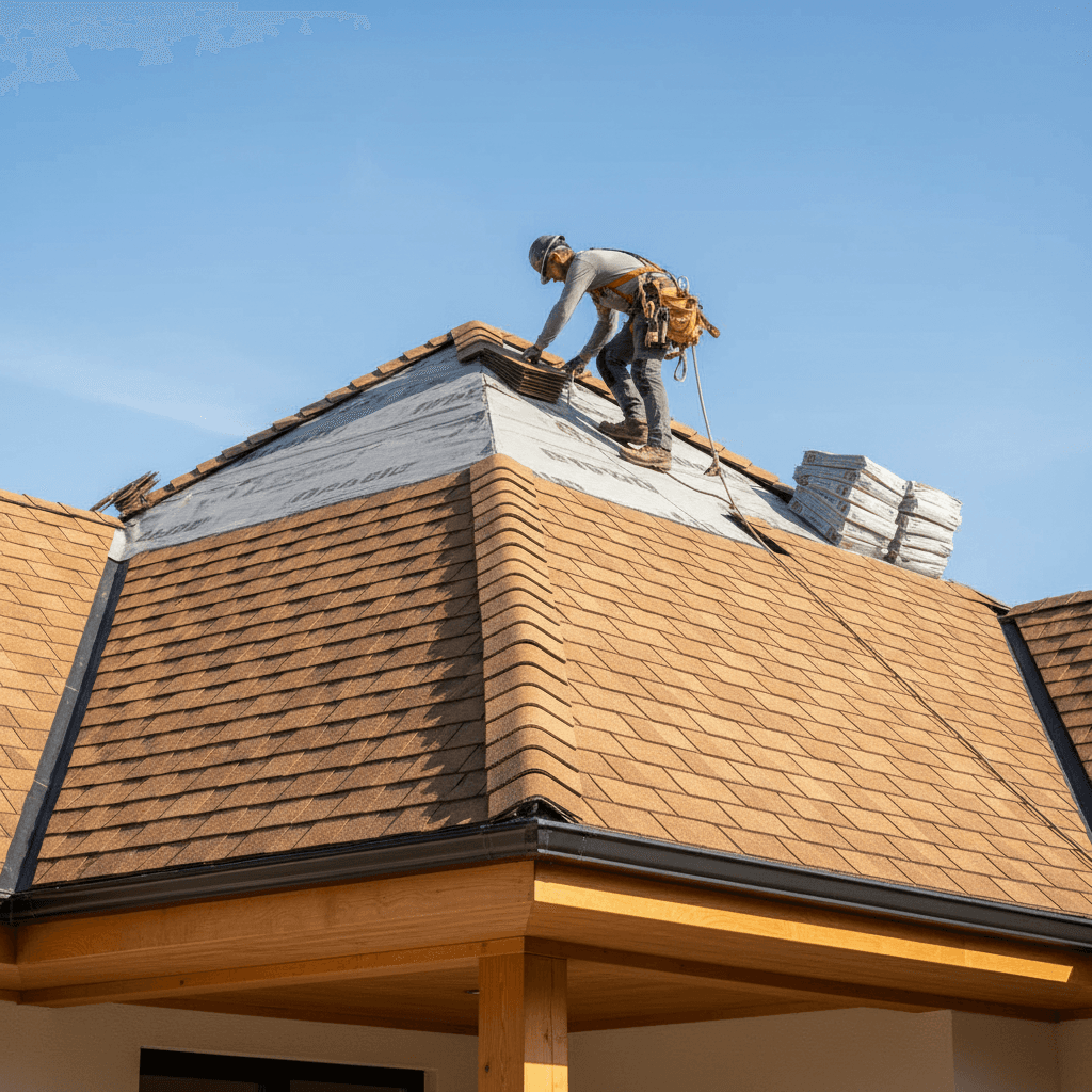 Professional roof replacement in progress on residential home